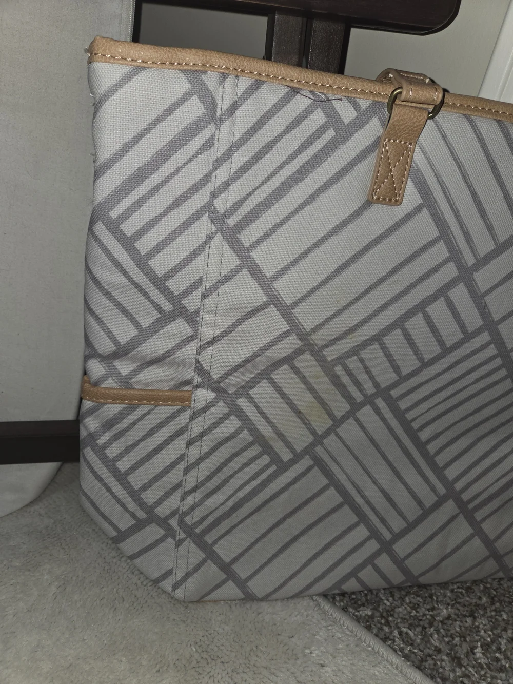 Gray Patterned Tote with Tan Trim